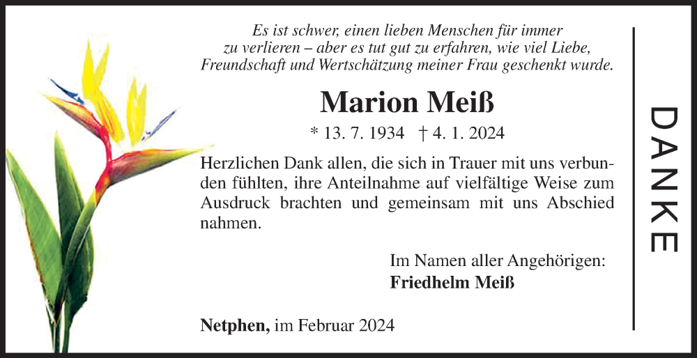  Traueranzeige für Marion Meiß vom 10.02.2024 aus Siegener Zeitung