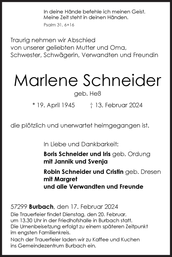 Traueranzeige von Marlene Schneider von Siegener Zeitung