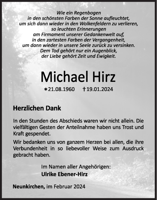 Traueranzeige von Michael Hirz von Siegener Zeitung