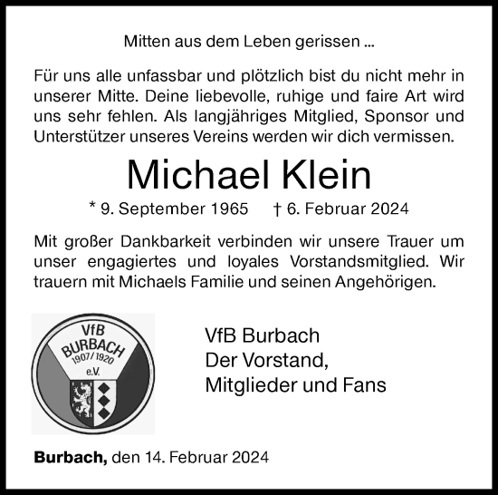Traueranzeige von Michael Klein von Siegener Zeitung