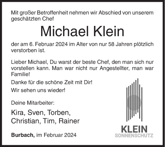 Traueranzeige von Michael Klein von Siegener Zeitung