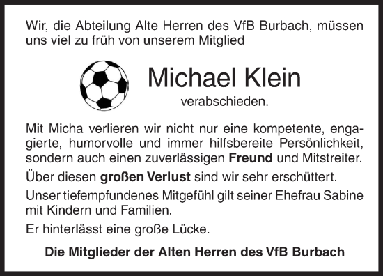 Traueranzeige von Michael Klein von Siegener Zeitung