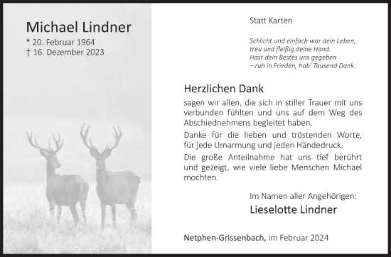 Traueranzeige von Michael Lindner von Siegener Zeitung