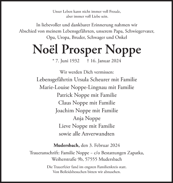 Traueranzeige von Noel Prosper Noppe von Siegener Zeitung