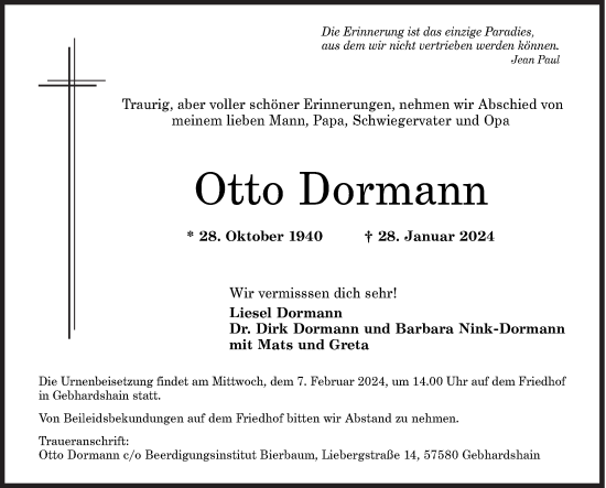 Traueranzeige von Otto Dormann von Siegener Zeitung