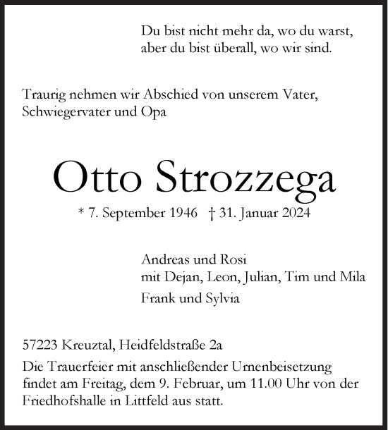 Traueranzeige von Otto Strozzega von Siegener Zeitung