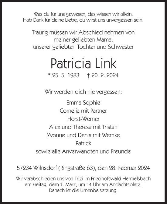 Traueranzeige von Patricia Link von Siegener Zeitung