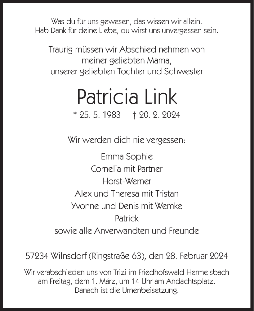  Traueranzeige für Patricia Link vom 28.02.2024 aus Siegener Zeitung