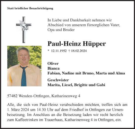 Traueranzeige von Paul-Heinz Hüpper von Siegener Zeitung
