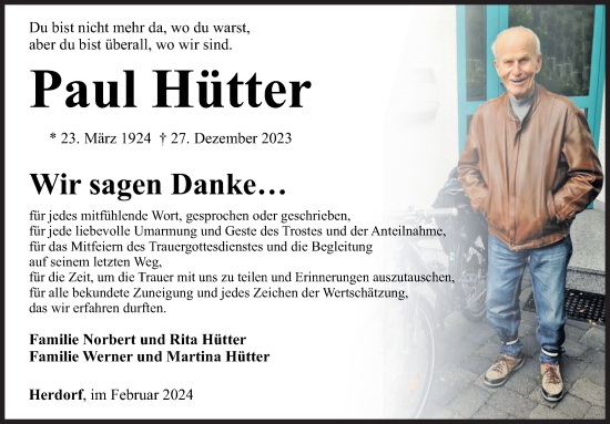 Traueranzeige von Paul Hütter von Siegener Zeitung