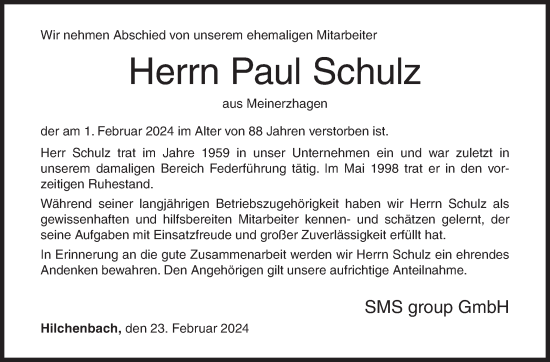 Traueranzeige von Paul Schulz von Siegener Zeitung