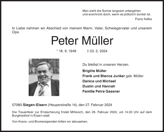 Traueranzeige von Peter Müller von Siegener Zeitung