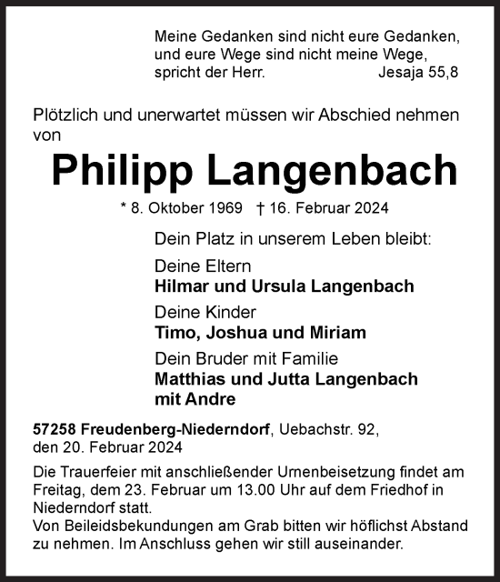 Traueranzeige von Philipp Langenbach von Siegener Zeitung