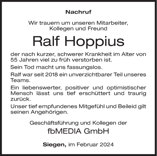 Traueranzeige von Ralf Hoppius von Siegener Zeitung
