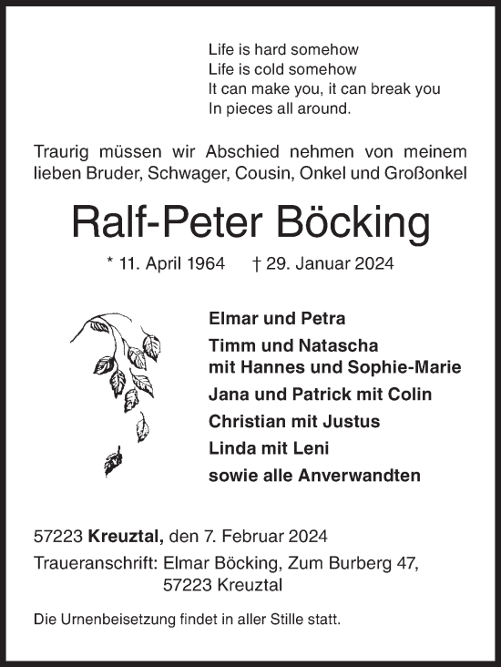 Traueranzeige von Ralf-Peter Böcking von Siegener Zeitung