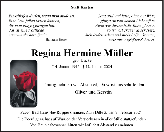 Traueranzeige von Regina Hermine Müller von Siegener Zeitung