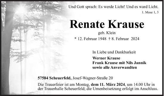 Traueranzeige von Renate Krause von Siegener Zeitung