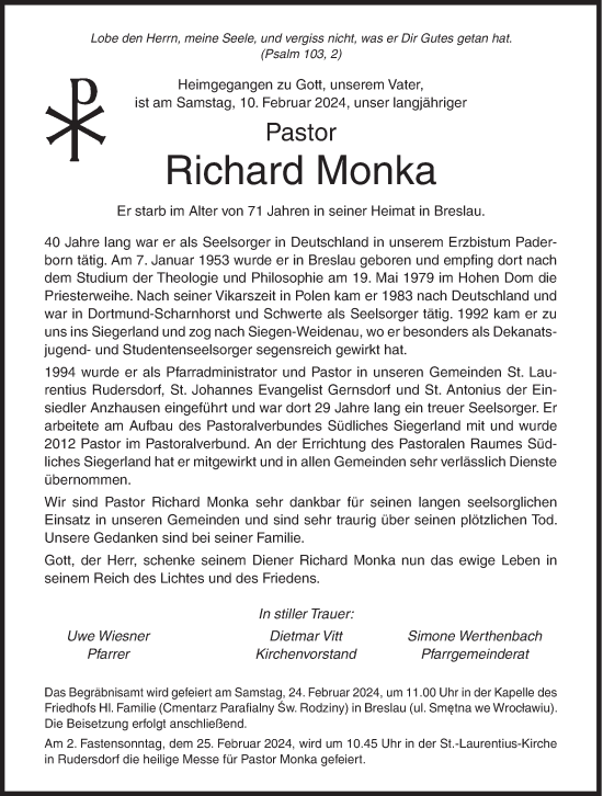 Traueranzeige von Richard Monka von Siegener Zeitung
