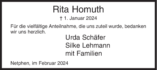 Traueranzeige von Rita Homuth von Siegener Zeitung