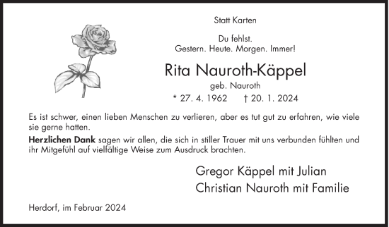 Traueranzeige von Rita Nauroth-Käppel von Siegener Zeitung