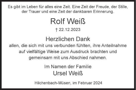 Traueranzeige von Rolf Weiß von Siegener Zeitung