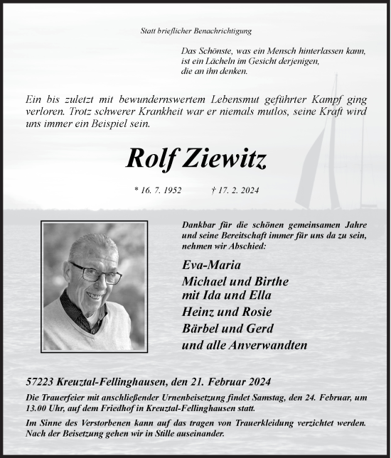 Traueranzeige von Rolf Ziewitz von Siegener Zeitung