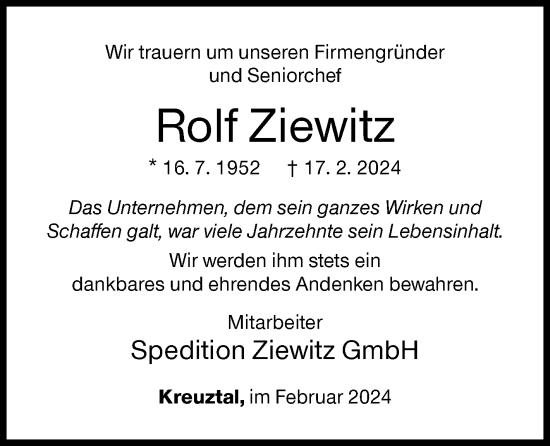 Traueranzeige von Rolf Ziewitz von Siegener Zeitung