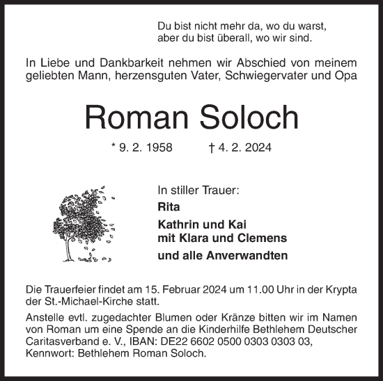 Traueranzeige von Roman Soloch von Siegener Zeitung