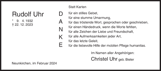 Traueranzeige von Rudolf Uhr von Siegener Zeitung
