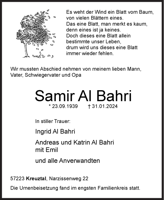 Traueranzeige von Samir Al Bahri von Siegener Zeitung