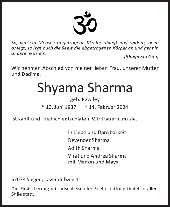 Traueranzeige von Shyama Sharma von Siegener Zeitung