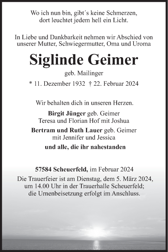 Traueranzeige von Siglinde Geimer von Siegener Zeitung