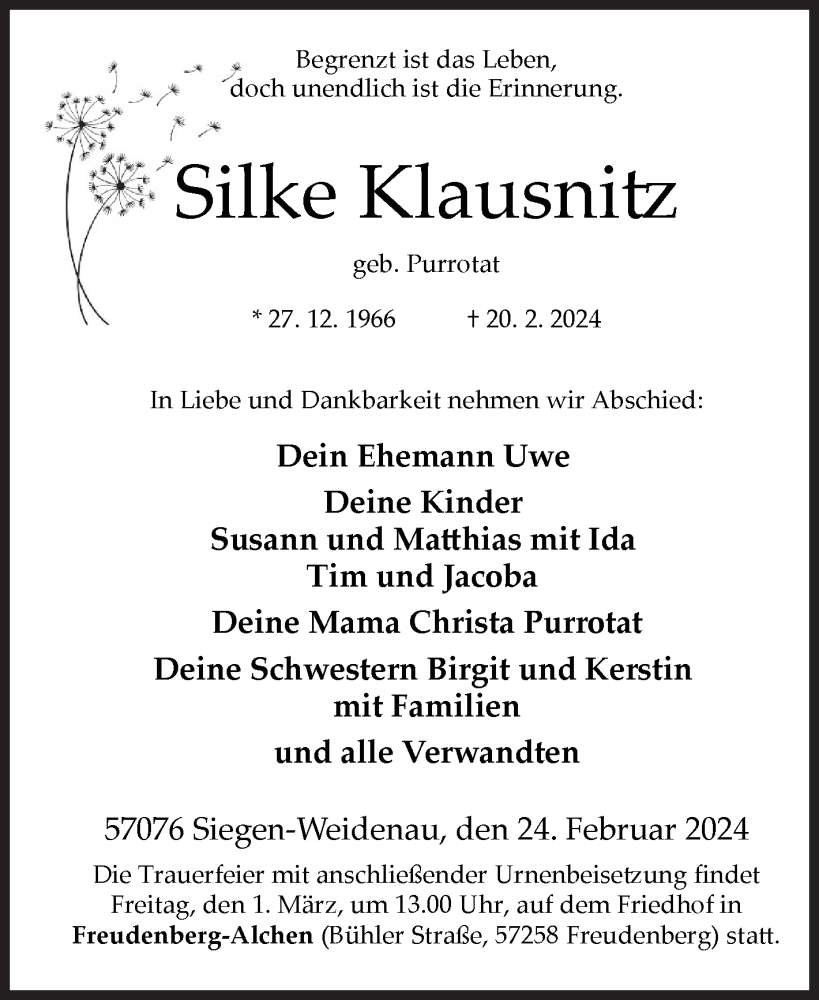 Traueranzeige für Silke Klausnitz vom 24.02.2024 aus Siegener Zeitung