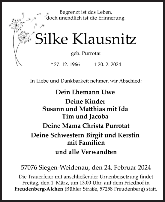 Traueranzeige von Silke Klausnitz von Siegener Zeitung