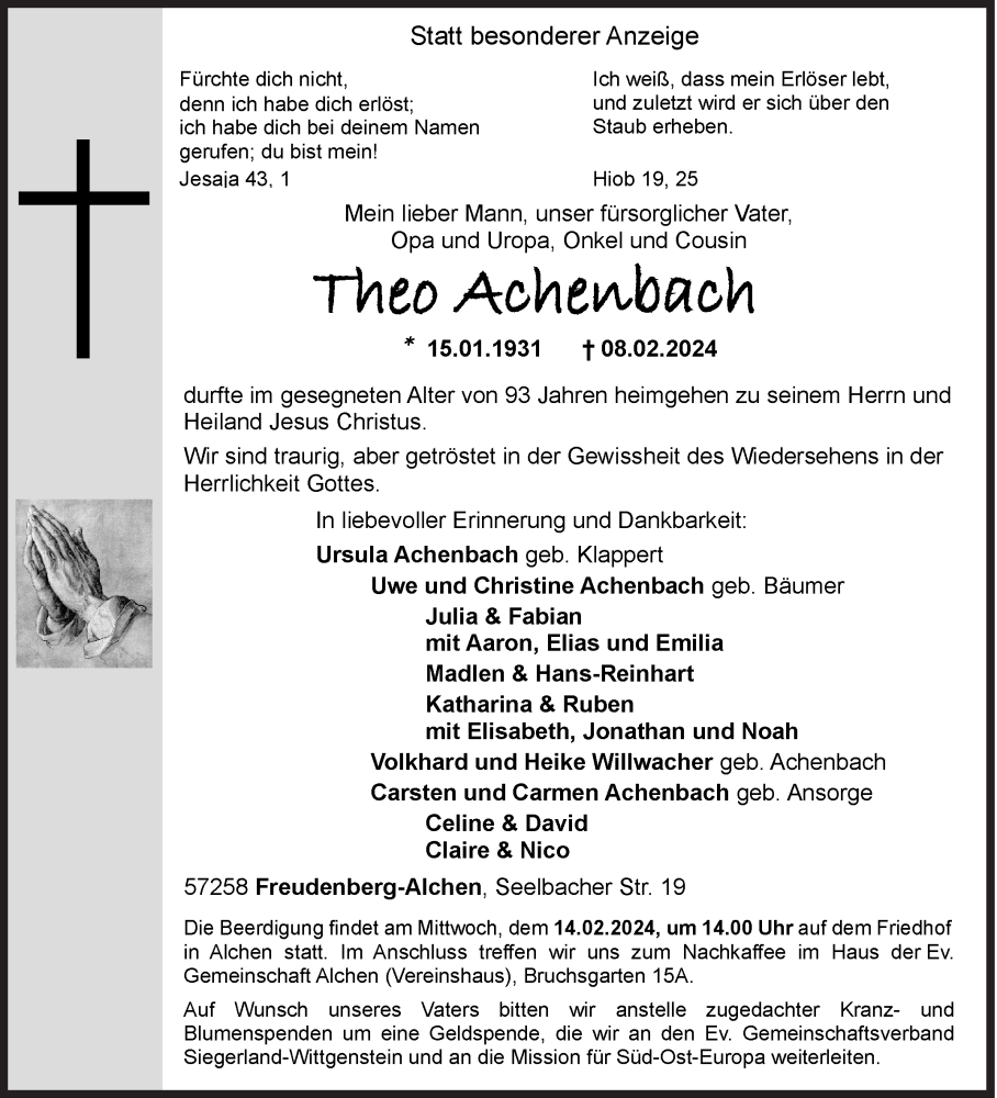  Traueranzeige für Theo Achenbach vom 10.02.2024 aus Siegener Zeitung