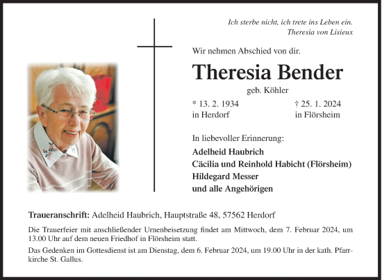 Traueranzeige von Theresia Bender von Siegener Zeitung