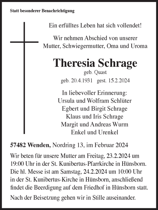 Traueranzeige von Theresia Schrage von Siegener Zeitung