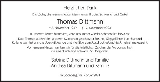Traueranzeige von Thomas Dittmann von Siegener Zeitung