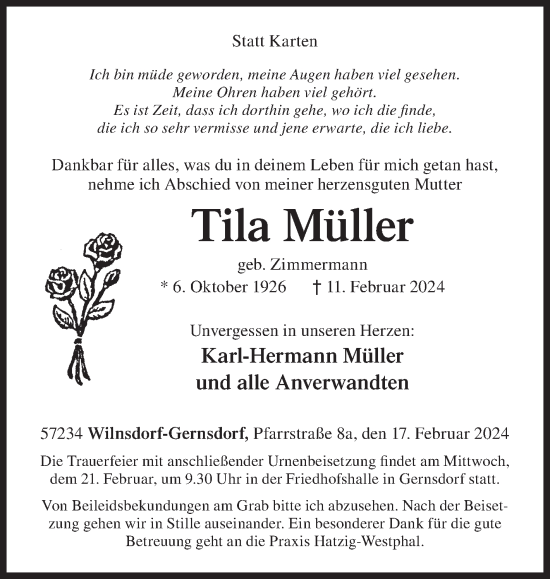 Traueranzeige von Tila Müller von Siegener Zeitung