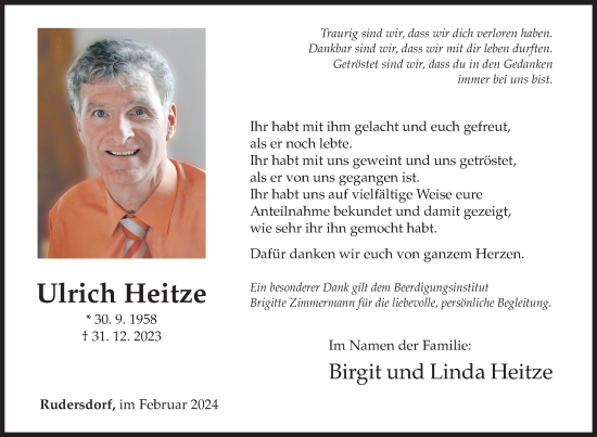 Traueranzeige von Ulrich Heitze von Siegener Zeitung
