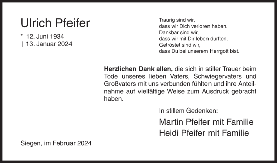 Traueranzeige von Ulrich Pfeifer von Siegener Zeitung