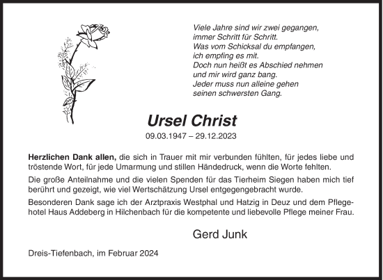 Traueranzeige von Ursel Christ von Siegener Zeitung