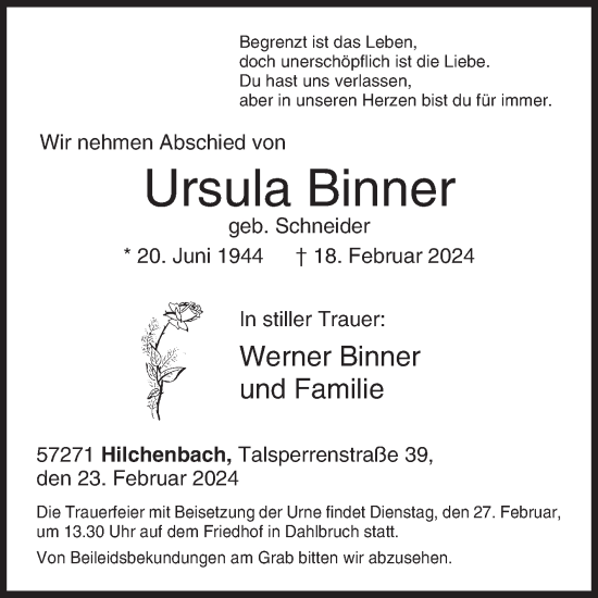 Traueranzeige von Ursula Binner von Siegener Zeitung