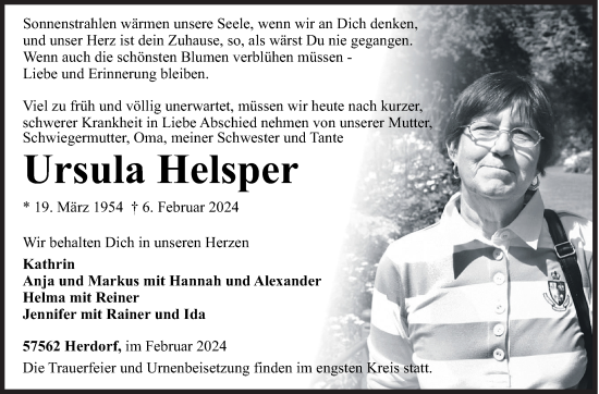 Traueranzeige von Ursula Helsper von Siegener Zeitung