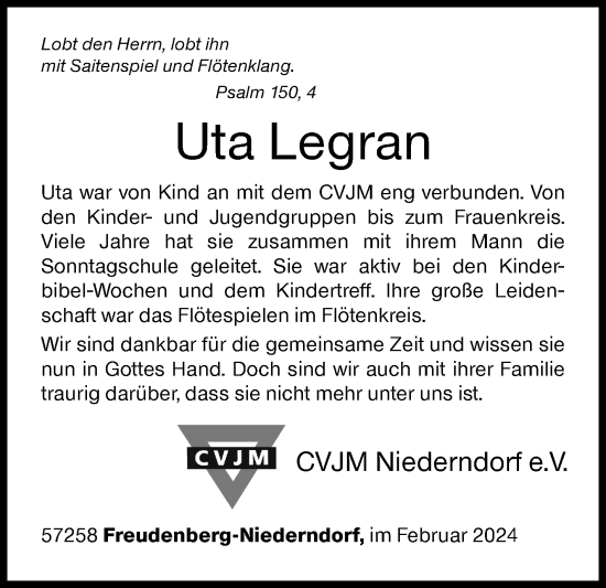 Traueranzeige von Uta Legran von Siegener Zeitung