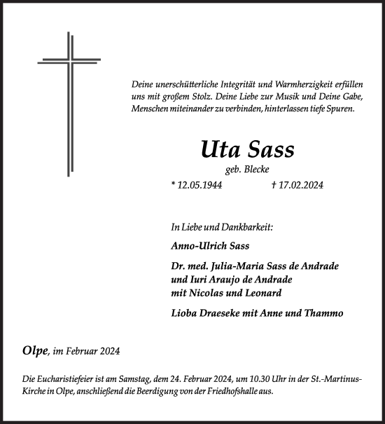 Traueranzeige von Uta Sass von Siegener Zeitung