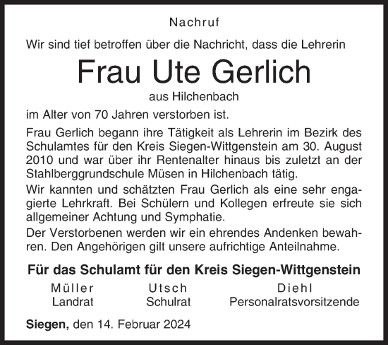 Traueranzeige von Ute Gerlich von Siegener Zeitung