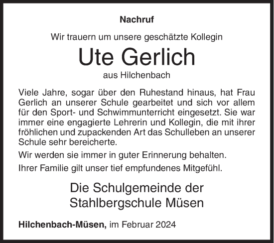 Traueranzeige von Ute Gerlich von Siegener Zeitung