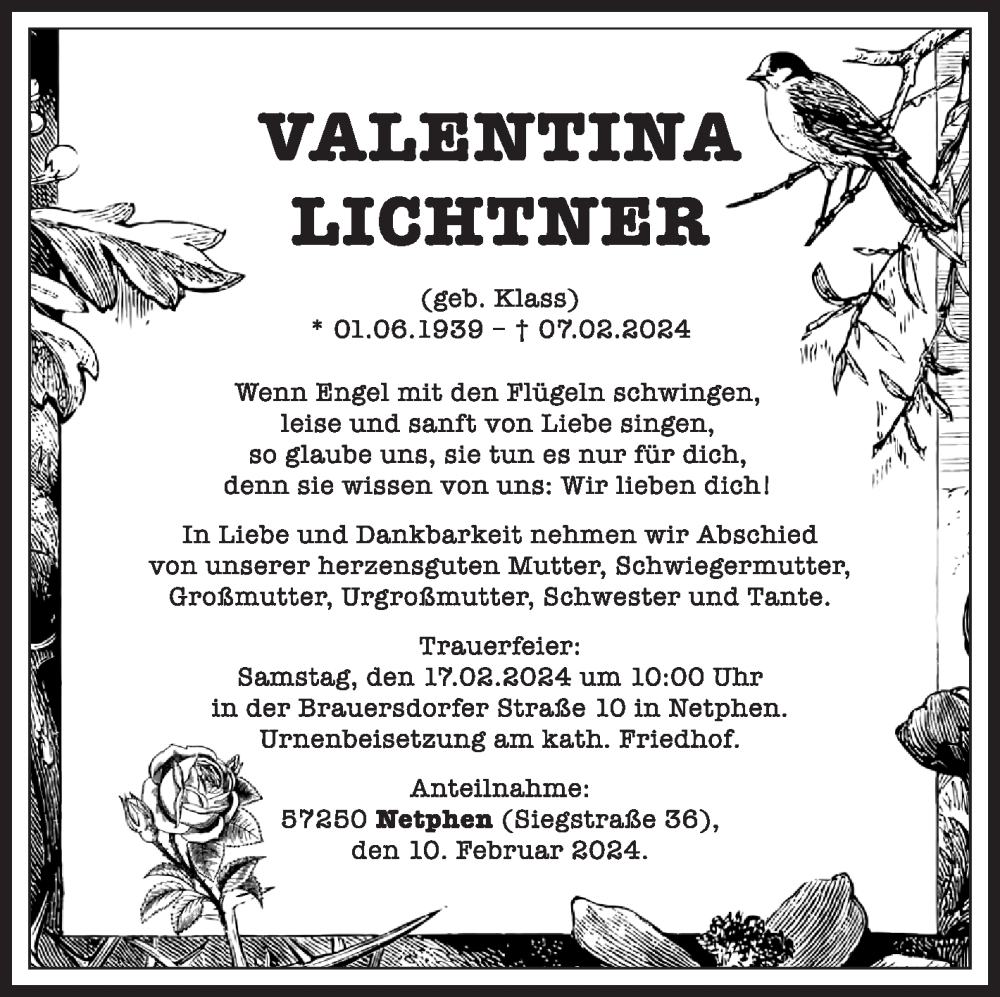  Traueranzeige für Valentina Lichtner vom 10.02.2024 aus Siegener Zeitung