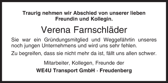 Traueranzeige von Verena Farnschläder von Siegener Zeitung